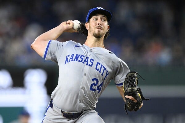 Kansas City Royals starting pitcher Michael Lorenzen throws during the first inning of a baseball game against the Washington Nationals, Wednesday, Sept. 25, 2024, in Washington. (AP Photo/Nick Wass)