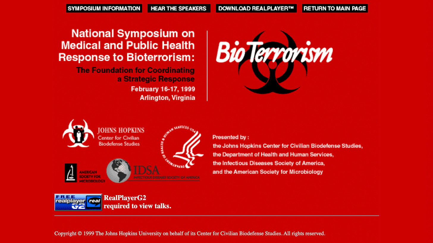 Screenshot of Johns Hopkins 1999 Bioterrorism Symposium page