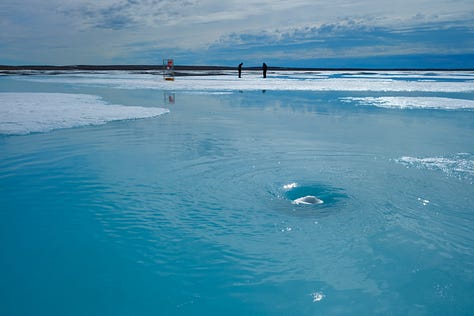 (Left to Right): Image of icy glaciers and blue skies, image of a water path twisting towards the sea, image of melt pond drainage