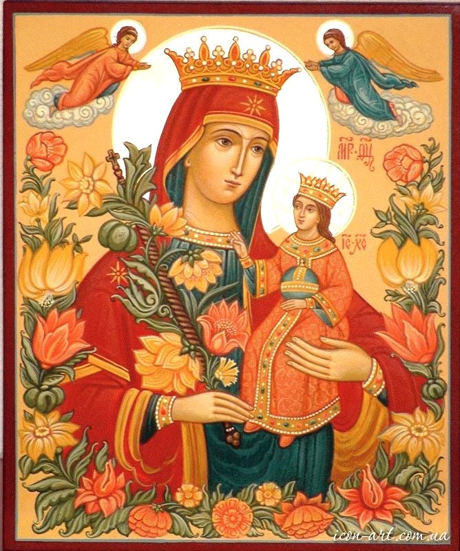 This may contain: an icon of the virgin mary and child jesus with flowers in her arms, surrounded by angels