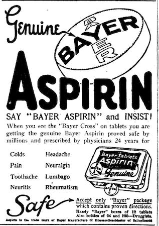 A photograph of an advertisment from an old newspaper promoting Aspirin.