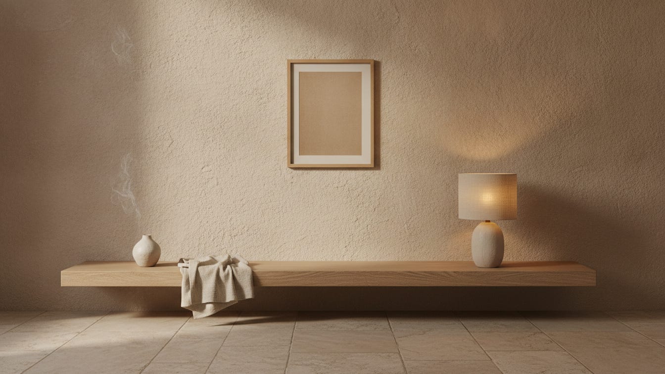 A warm neutral wall with one small framed beige print, a low ledge, a ceramic vase, and a soft lamp.