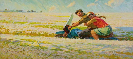 Collective Farm Brigadier with Girlfriend, 1957, Vasili F. Kondratyuk (Fair Use) Oil Painting by Vasili F. Kondratyuk