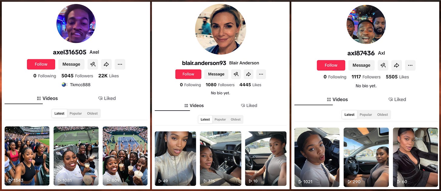examples of TikTok spam accounts with avatars that do not look like the people in their AI generated videos examples of TikTok spam accounts with avatars that do not look like the people in their AI generated videos
