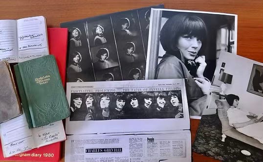 Fenella Fielding Desk with diaries, contact photo sheet of her from 1960's with bob haircut , 2 more photos from the 1960's with bobbed hair , and various notes left on desk . 