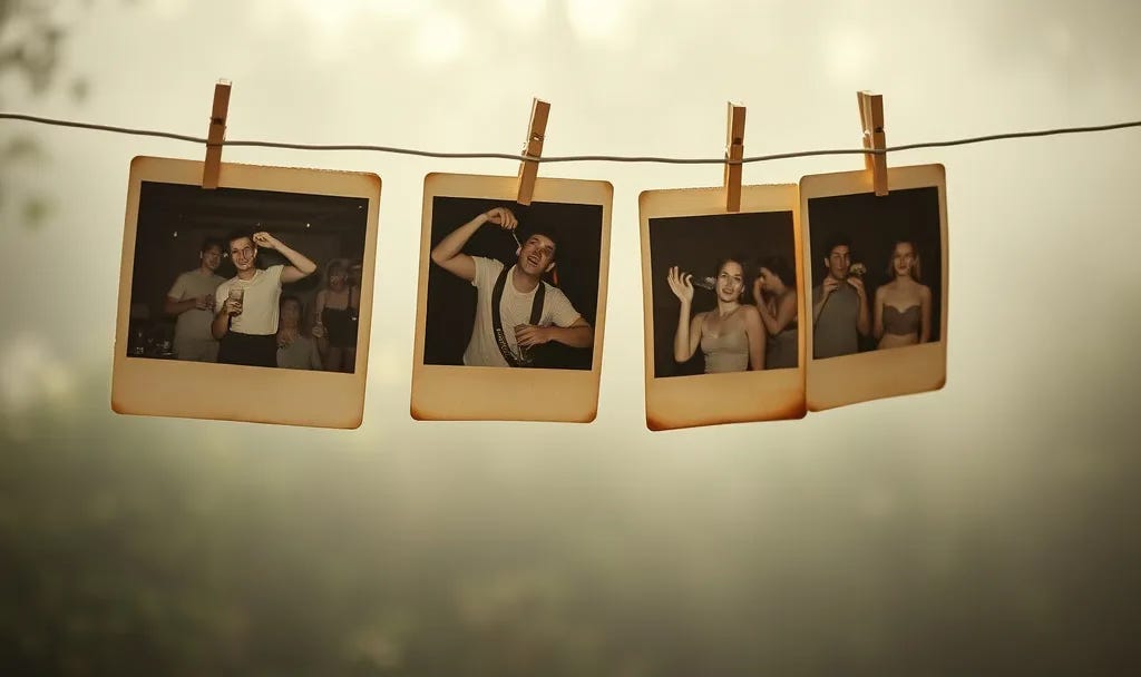 Faded vintage photographs of parties and friends from your 20s hanging on wire representing looking back on youth and lessons learned from past mistakes