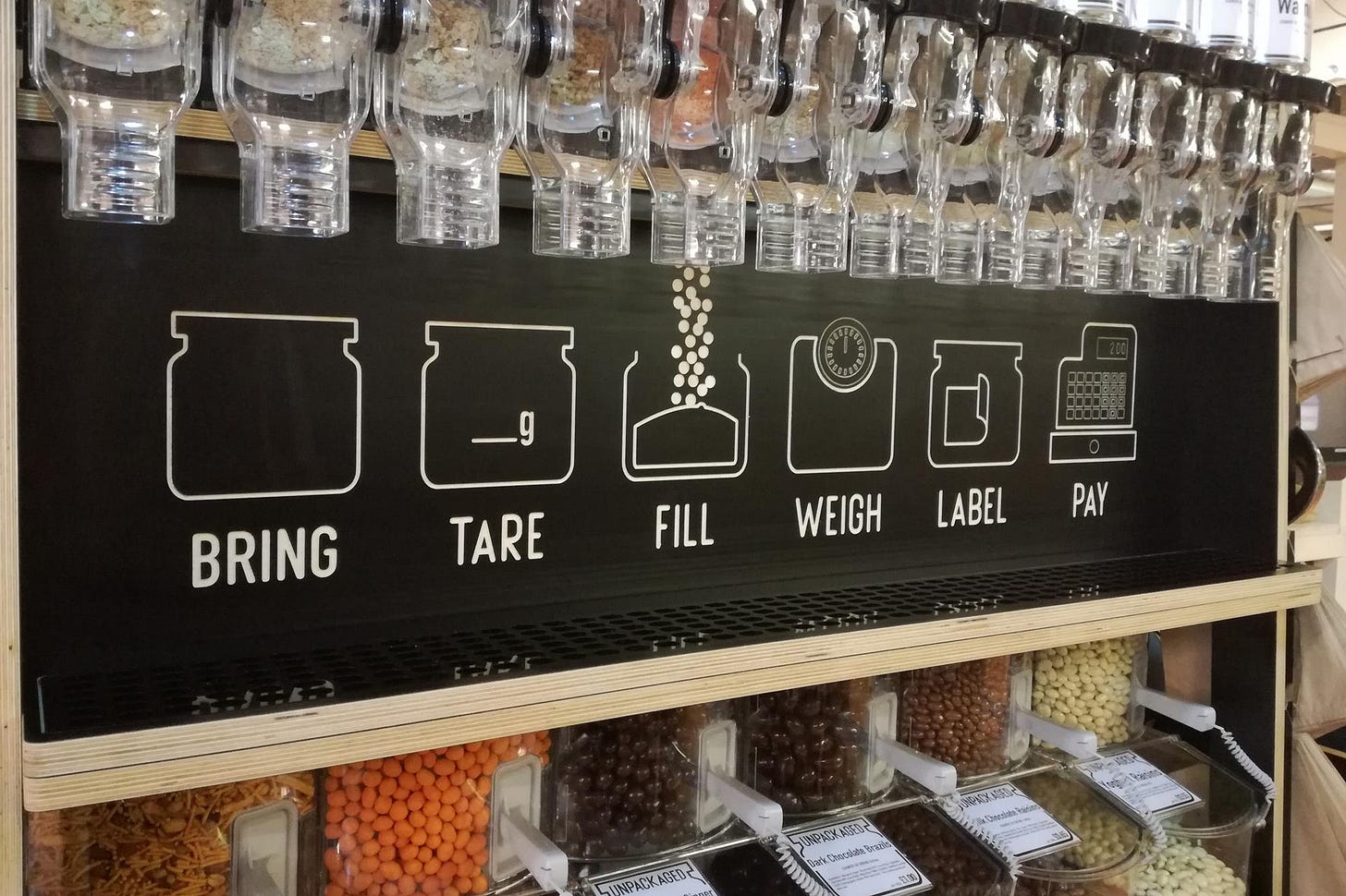 Close up photo inside the aisle of a supermarket. The photo focuses on the "refill aisle" with products such as grains and chocolate coated nuts sold in bulk. The photo shows a promotion inside the store, that highlights how the process works: Bring a jar, tare it, fill it, weigh it, label it, and pay. Close up photo inside the aisle of a supermarket. The photo focuses on the "refill aisle" with products such as grains and chocolate coated nuts sold in bulk. The photo shows a promotion inside the store, that highlights how the process works: Bring a jar, tare it, fill it, weigh it, label it, and pay.