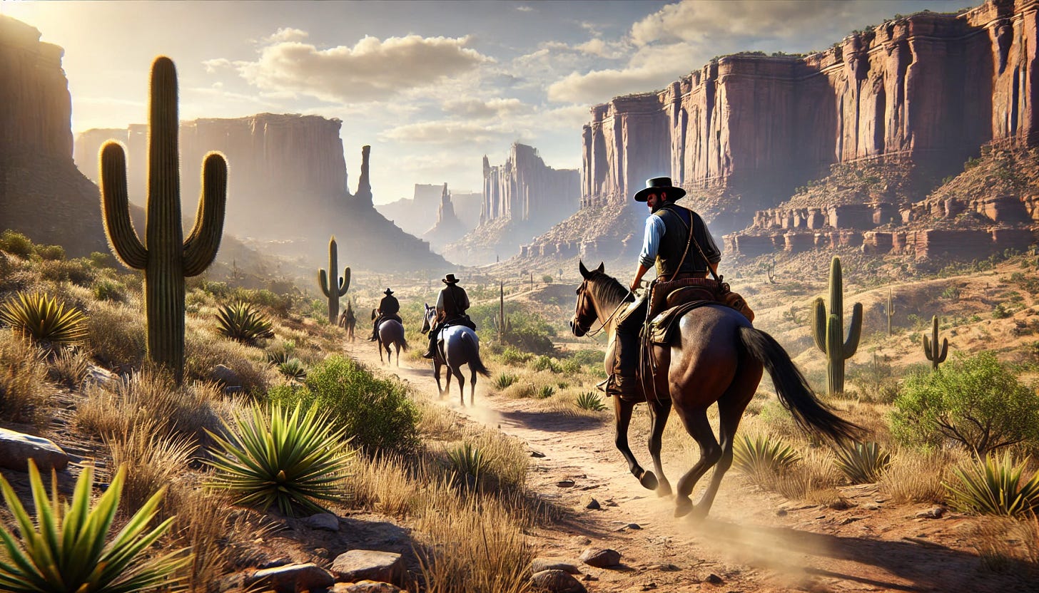 A realistic scene featuring cowboys riding on horseback across the rugged terrain of the Old West. The cowboys are clad in traditional Western gear, with wide-brimmed hats, leather vests, and boots. They ride at a steady pace, horses kicking up dust as they traverse a rocky path lined with cacti and sparse vegetation. In the background, towering mesas and cliffs loom under a vast, clear sky, with the sun casting warm, golden light across the landscape. The wide aspect ratio enhances the sense of adventure and the expansive environment typical of classic Western scenes. A realistic scene featuring cowboys riding on horseback across the rugged terrain of the Old West. The cowboys are clad in traditional Western gear, with wide-brimmed hats, leather vests, and boots. They ride at a steady pace, horses kicking up dust as they traverse a rocky path lined with cacti and sparse vegetation. In the background, towering mesas and cliffs loom under a vast, clear sky, with the sun casting warm, golden light across the landscape. The wide aspect ratio enhances the sense of adventure and the expansive environment typical of classic Western scenes.