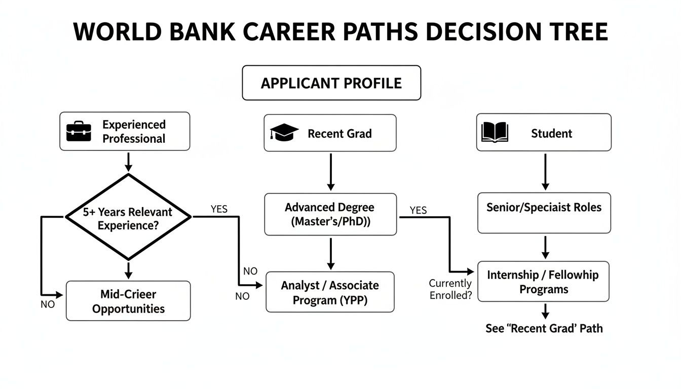 A World Bank career paths decision tree illustrating options for professionals, recent grads, and students.