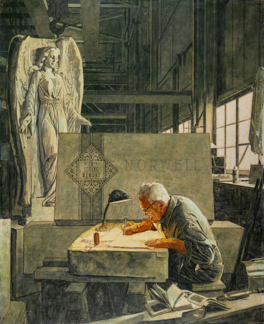 A painting depicts a stonecarver kneeling at a desk with a large granite statue and gravestone in the background
