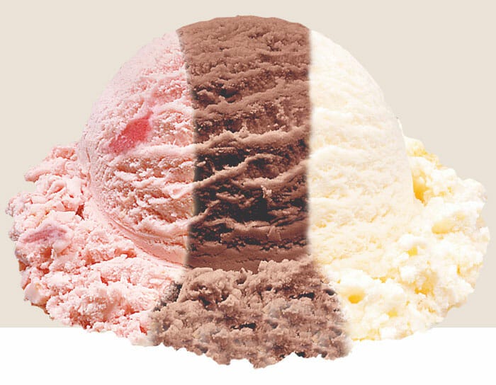 Scoop of Stewart's Vanilla Chocolate Strawberry Ice Cream is an ice cream with three flavors! Scoop of Stewart's Vanilla Chocolate Strawberry Ice Cream is an ice cream with three flavors!