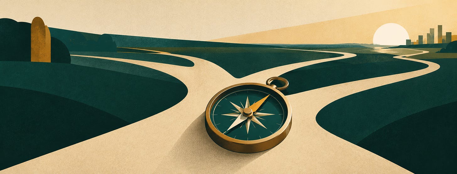 A brass compass with a dark teal face and gold-and-cream needle rests at a fork in a pale sandy path. Several routes branch through deep green terrain, symbolising the importance of finding the right direction and guidance when making consequential philanthropic decisions.