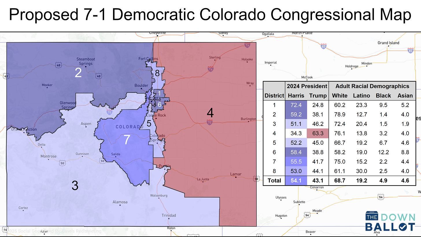 Proposed Democratic map of Colorado's congressional districts. Proposed Democratic map of Colorado's congressional districts.