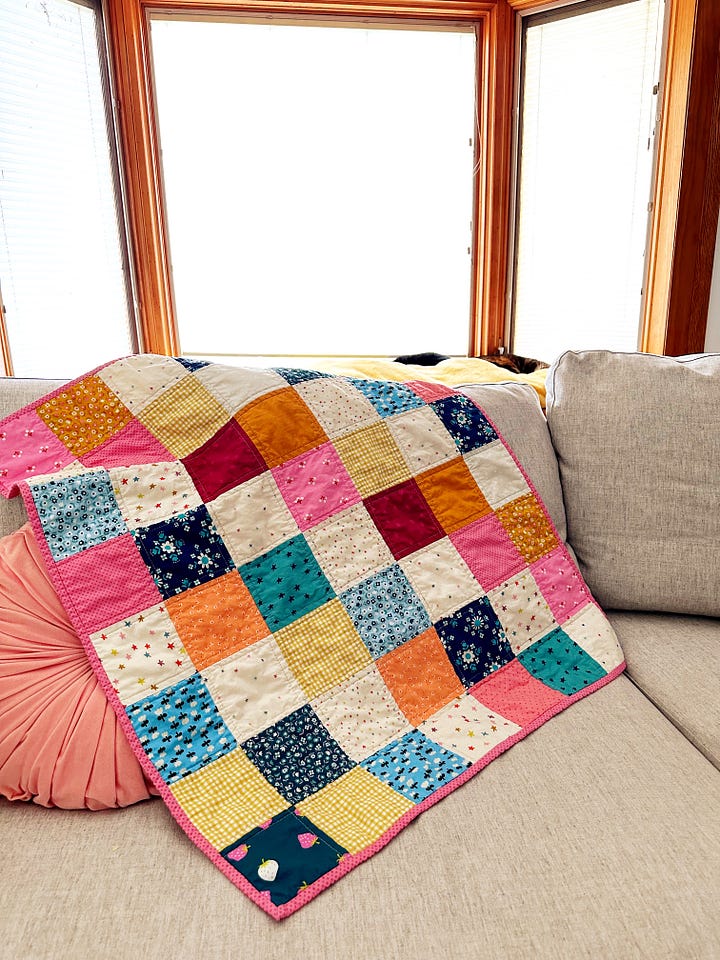 two photos of colorful, patchwork baby quilts