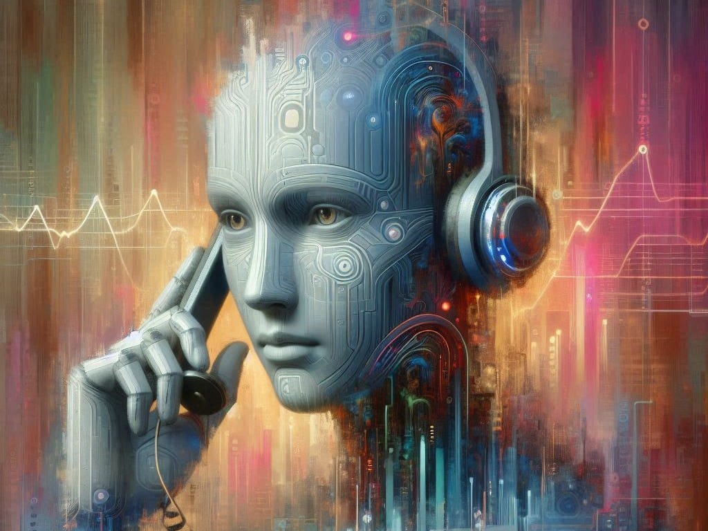 a bald contact center worker with a phone in hand with an abstract digitalized look and background that looks like an AI or robot holding a corded phone