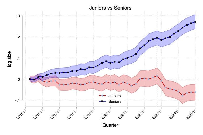 A line graph titled "Juniors vs Seniors" with a horizontal axis labeled "Quarter" from 2019Q1 to 2025Q1 and a vertical axis labeled "log size." Two lines represent junior and senior roles: a blue line for seniors trending upward and a red line for juniors trending downward, with shaded areas indicating variability. The graph includes a legend identifying the blue line as "Seniors" and the red line as "Juniors."