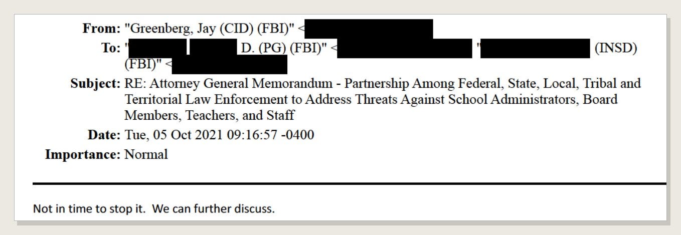 FBI email dated October 5, 2021 reading Not in time to stop it FBI email dated October 5, 2021 reading Not in time to stop it