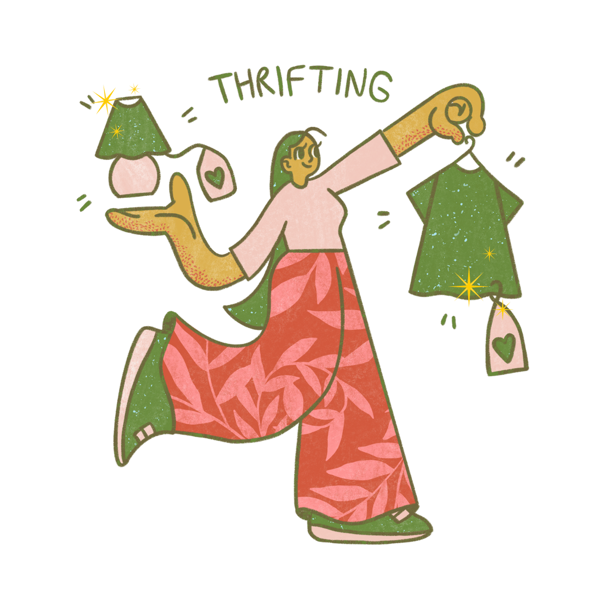 illustration of woman holding thrifted finds illustration of woman holding thrifted finds
