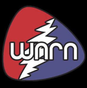 red and blue guitar pick with lightning bolt and the letters "wnrn" on a black background