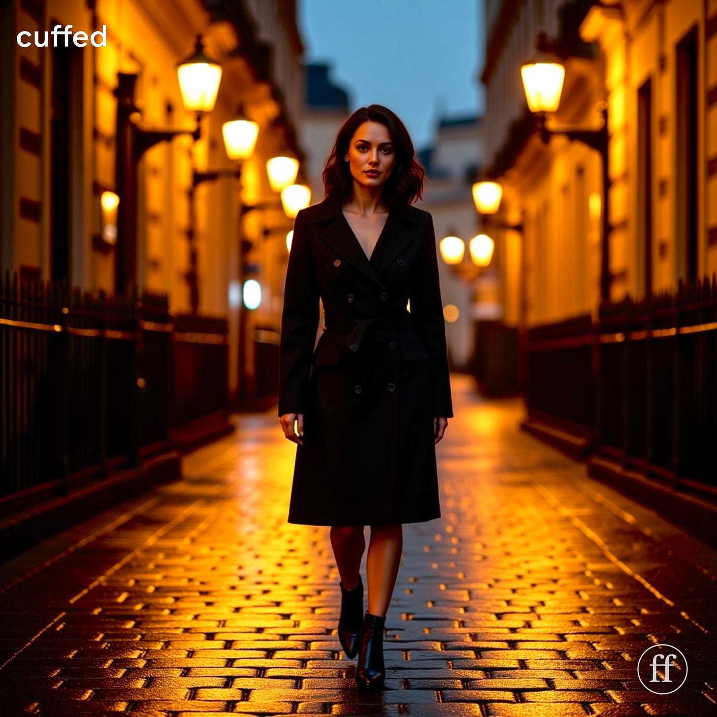 daphne walks alone at night along a cobblestone street in dublin under warm gas-fired lamps. she wears a black wool coat and boots, her posture calm but alert — aware of her surroundings, not afraid but practiced. the street glows gold against the wet stones, framed in cinematic chiaroscuro light.   font: lowercase black serif, flush-left.   background: cream identity tone with golden ambient reflections.   logo: black fused “ff” bottom-right.   mood: vigilance, restraint, emotional awareness.   seo tags: cinematic photo of woman walking alone at night, masculine introspection, emotional quote about safety, daphne quinn cuffed, awareness and protection, fatherhood insight, cuffed brand visual.