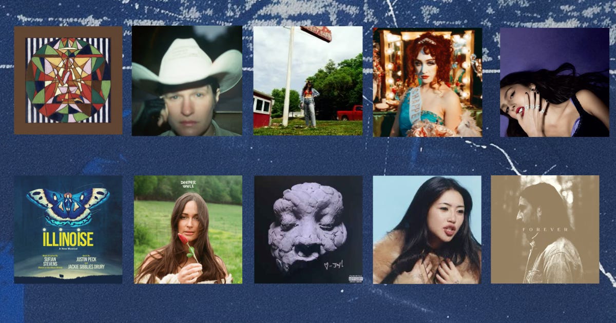 Album cover art images are lined up in two rows. Top row from left to right is Patterns in Repeat by Laura Marling,  Bright Future by Adrianne Lenker, Tiger’s Blood by Waxahatchee, The Rise and Fall of a Midwest Princess by Chappell Roan, Guts by Olivia Rodrigo. In the lower row, from left to right: Illinois Broadway recording with music by Sufjan Stevens, Deeper Well by Kacey Musgrave, Observations From A Crowded Room by Joy Oladokun, This Is How Tomorrow Moves by beabadoobee, Stick Season (Forever) by Noah Kahn. 