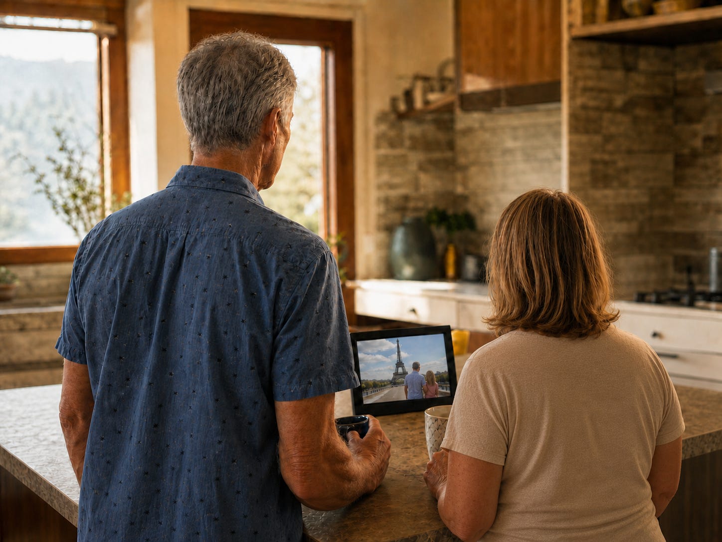Sheryl and Jim looking at a Paris photograph on their kitchen display