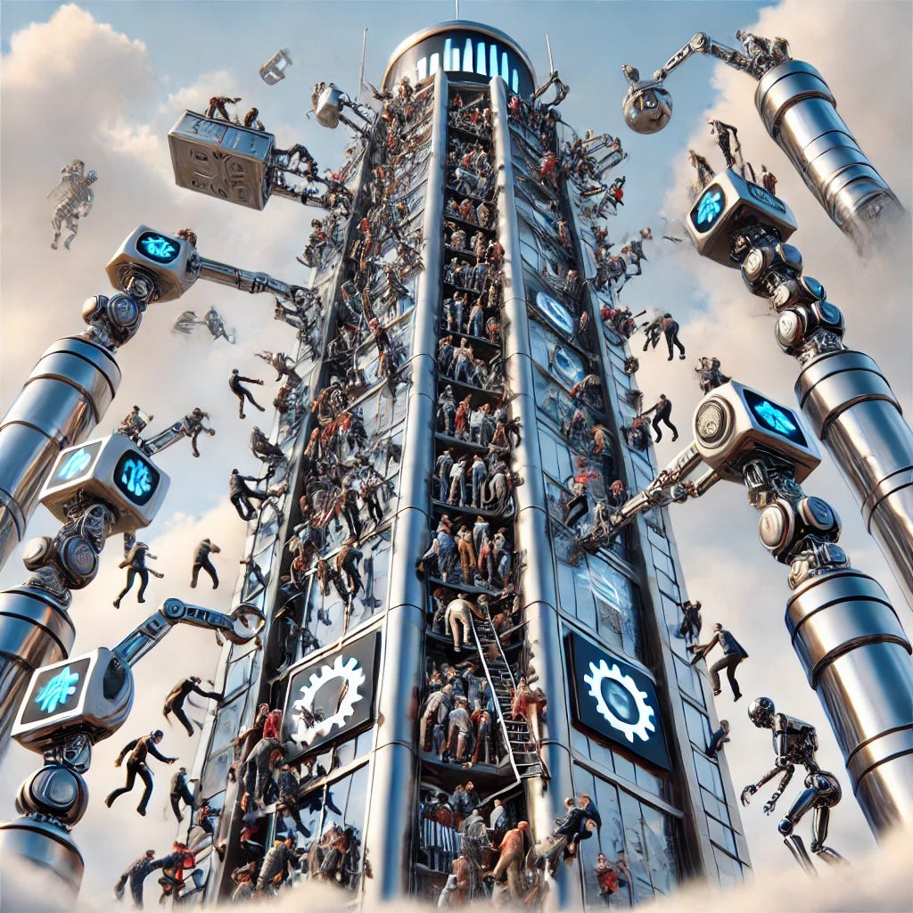 A tall, futuristic tower rising into the clouds, made of shiny, sleek metal, technology, and corporate logos, symbolizing the globalized, automated economy. At the top, robots and automated systems work efficiently, while at the base, a large crowd of people struggles to climb. Many are falling or being pushed aside by robotic arms, while a select few individuals, with wealth or privilege, rise smoothly. The overall look should be modern and polished, with humans appearing disillusioned, overwhelmed, and left behind, contrasting with the perfection and efficiency at the top of the tower.