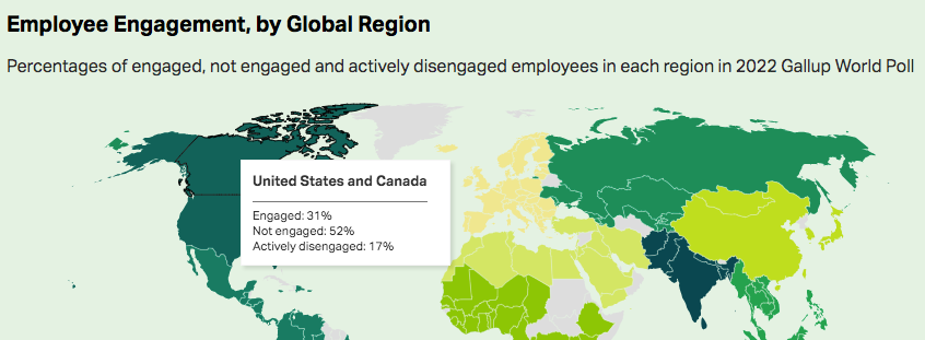 Employee Engagement, by Global Region 
Percentages of engaged, not engaged and actively disengaged employees in each regi 
United States and Canada 
Engaged: 31 % 
Not engaged: 
Actively disengaged: 17% 