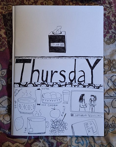 A number of pages of black ink drawings and writing with the date stamped and drawings and words for each day, including patterns, mark making, doodles and some little scenes.