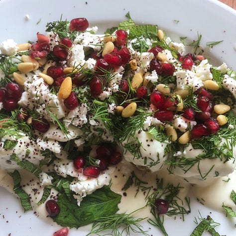 Peaches in yoghurt with mint, yoghurt mint, pomegranates, prosciutto necatarine salad, broccoli salad, tomato salad with burrata, heirloom tomatoes