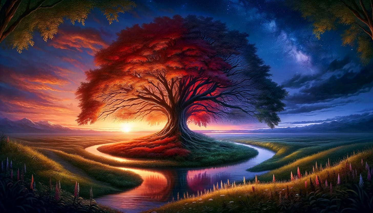 A grand, wide landscape embodying the themes of transition and legacy, under a twilight sky. In the center, a magnificent tree stands tall, its leaves a tapestry of red, orange, and gold, symbolizing change and endurance. Beneath the tree, a gentle, reflective river flows, leading to a distant horizon where the setting sun meets the sea. The sky is a canvas of deep blues and purples, with the first stars of night appearing. In the foreground, a path winds through a meadow filled with wildflowers, inviting viewers into the scene. This image conveys a sense of peace, continuity, and the timeless beauty of nature.