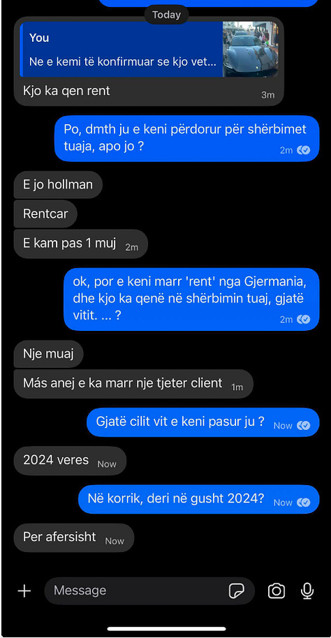 Pamja e parë: Në një shkëmbim me The Gunpowder Chronicles, Halit Sahitaj konfirmon se ka marrë me qira një Ferrari gjatë verës së vitit 2024, duke përcaktuar njëkohësisht kornizën kohore të aktiviteteve të tyre. Fillimisht, ai shfaq paqartësi rreth targave të automjetit, por më pas sqaron se ato fillonin me “NM”, gjë që shton edhe më shumë mister rreth lidhjeve të tyre. Pamja e dytë: Në një bisedë të mëtejshme me Sahitaj në aplikacionin Signal, ai pohon se Ferrari ishte pjesë e një flote nga kompania gjermane Hollmann International, dhe se ai e kishte përdorur shkurtimisht në korrik 2024. Ky konfirmim përputhet me periudhën kur Milaim Zeka kishte publikuar foto të të njëjtit automjet në rrjetet sociale. Pamja e tretë: Një fotografi e postuar nga Milaim Zeka në Facebook, ku shihet Ferrari me targën “NM-DZ 77”. Kjo pamje, e datës 22 korrik 2024, e lidh drejtpërdrejt automjetin me Zekën, duke kundërshtuar mohimet e tij për çdo lidhje personale me Sahitaj.