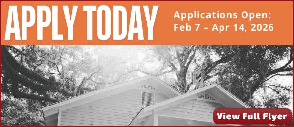 Banner reading “Apply Today” with application dates Feb 7–Apr 14, 2026, over a black‑and‑white photo of a house beneath large trees, with a button labeled “View Full Flyer.”