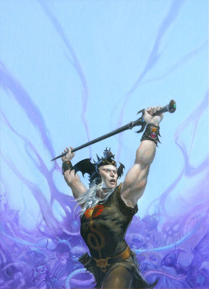 Elric raises Stormbringer over his head, with one hand gripping the hilt and the other the end of the blade. His white hair spills out beneath a black winged helm. He wears dark brown leather with a sinuous dragon on the front of his tunic. His ornate bracers are encrusted with jewels. The buckle of his belt is the face of a demon. Behind him rendered in purples and blues are deformed creatures of chaos.