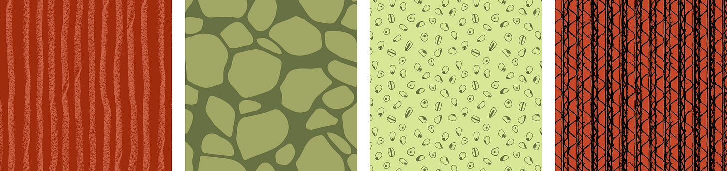 Four repeating patterns in earthy reds and greens, including stripes, organic shapes, and textured lines.