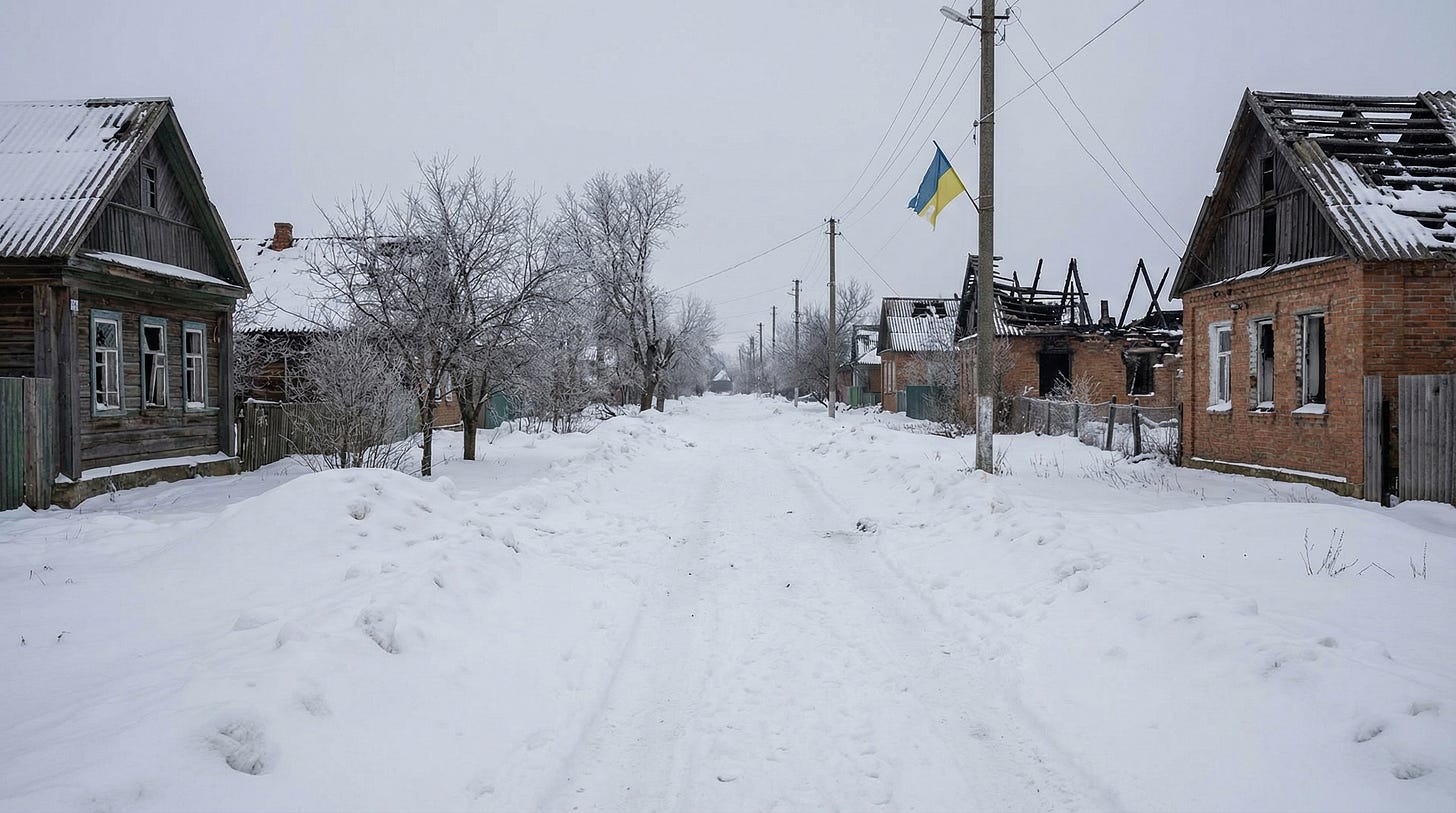 AI-generated illustration of an empty, snow-covered Ukrainian village street with damaged houses in background, symbolizing the widespread civilian impact and long-term human cost of the war.