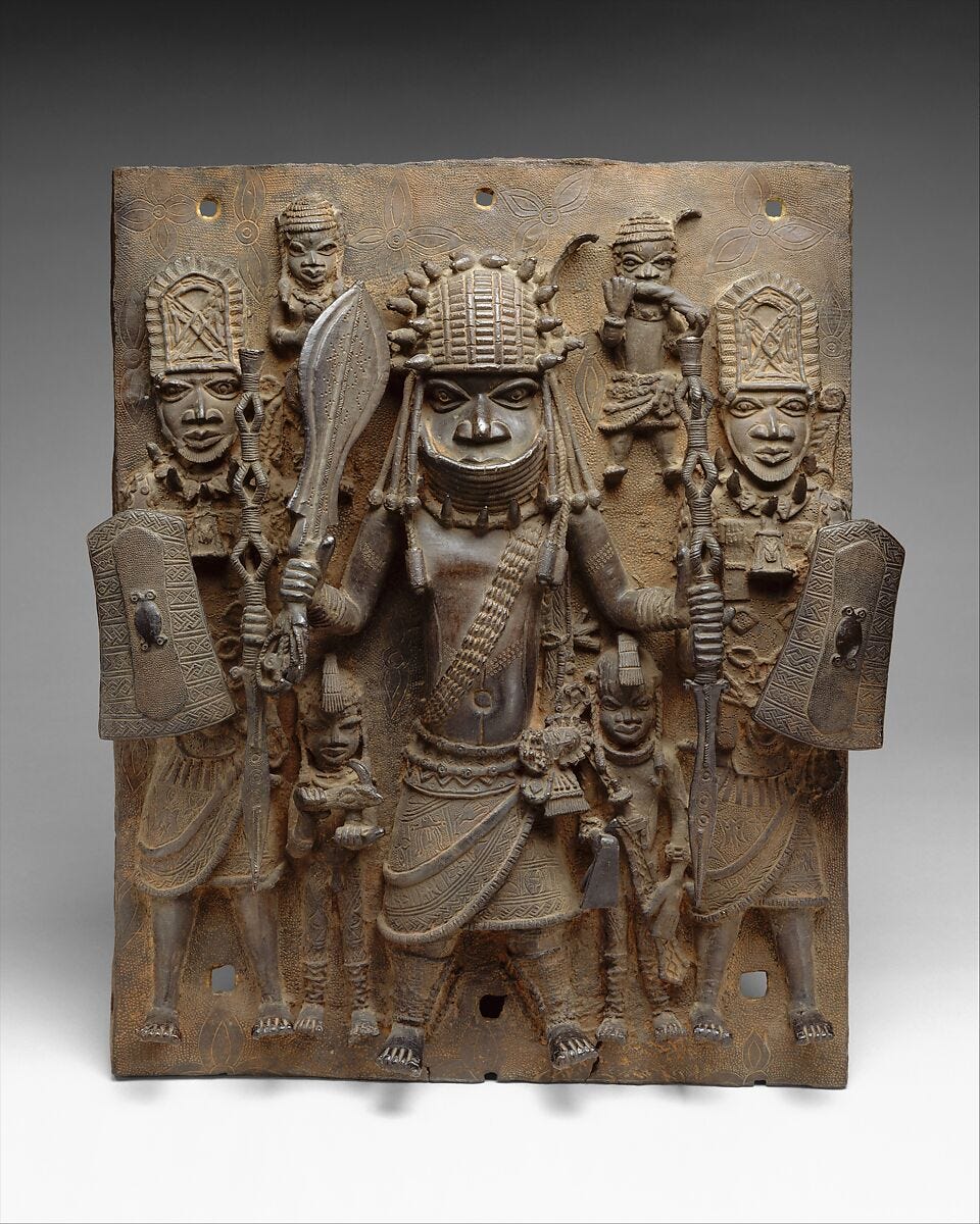 Plaque: Warrior and Attendants, Edo artist, Brass, Edo Plaque: Warrior and Attendants, Edo artist, Brass, Edo