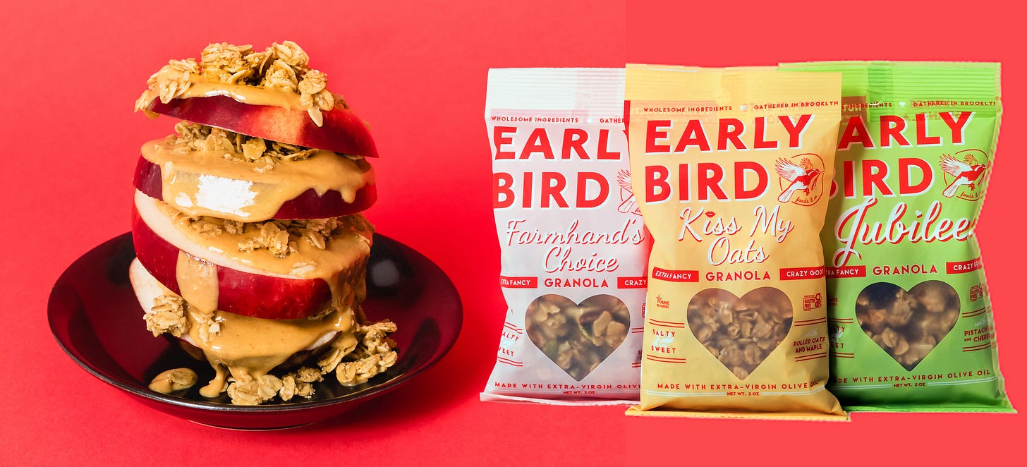 Granola on an apple plus bags of Early Bird Granola