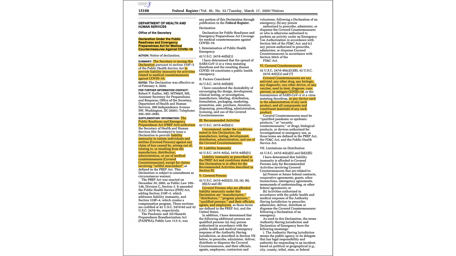 Declaration Under the PREP Act for Medical Countermeasures Against COVID-19 (Federal Register, 17 March 2020) Declaration Under the PREP Act for Medical Countermeasures Against COVID-19 (Federal Register, 17 March 2020)
