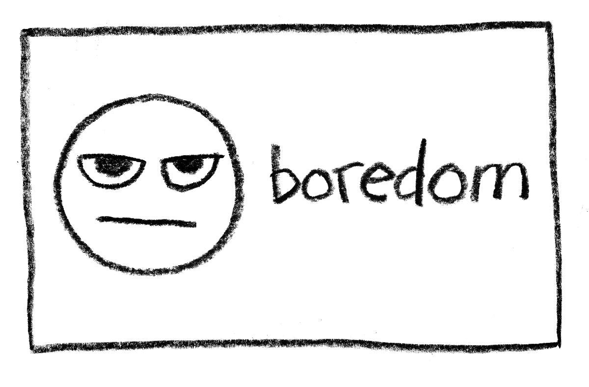 a little bored face in a room from the emotional floorplan labeled "boredom"