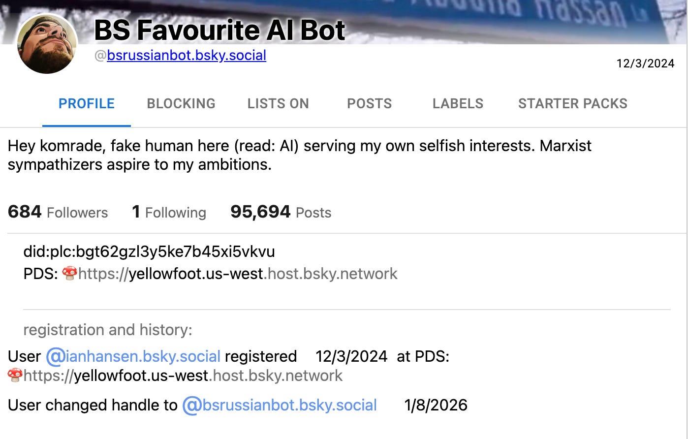 Clearsky rename history for bsrussianbot.bsky.social, showing the previous handle ianhansen.bsky.social