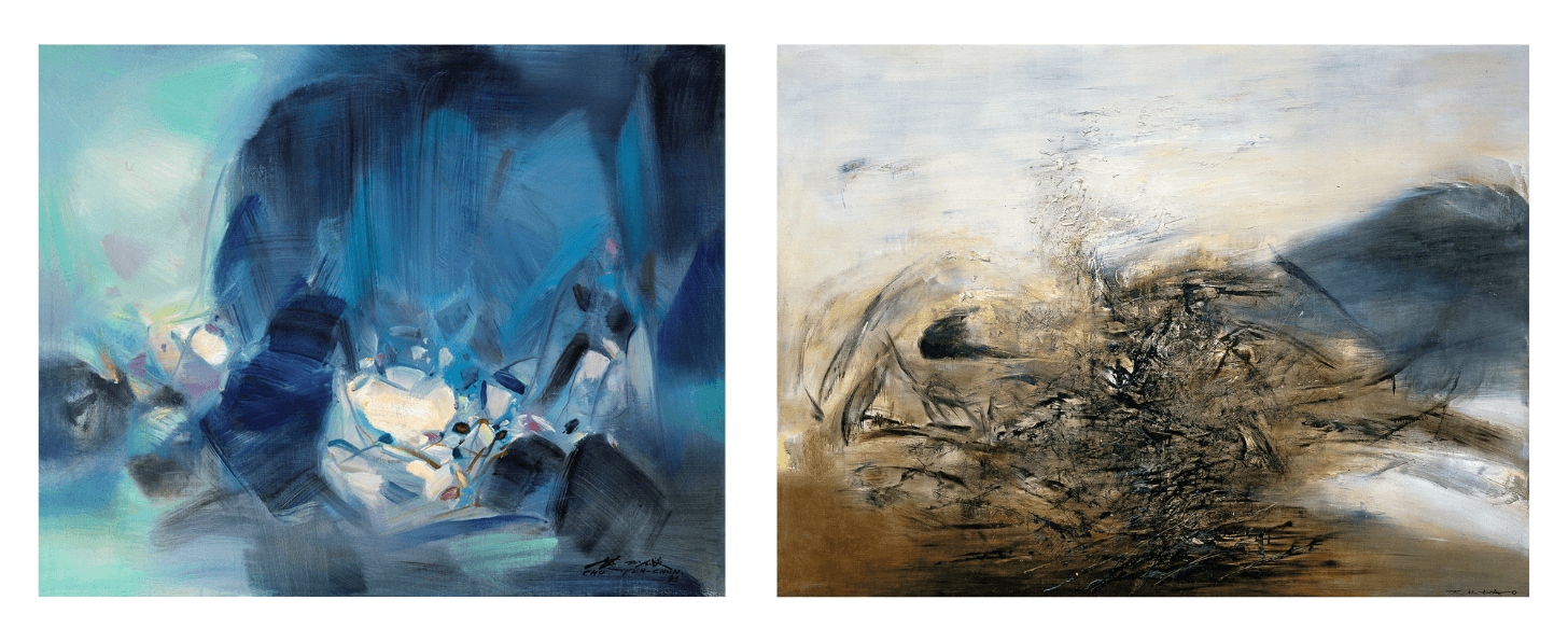 2 abstract lyrical oil paintings, one on the left softer more blue green, one on the right more sharp in the lines shades of brown. Left: Doux Avenir (1985) by Chu Teh Chun. Right: Hommage à Edgar Varèse (1964) by Zao Wou Ki.