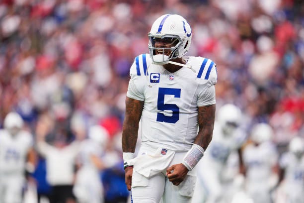 Anthony Richardson of the Indianapolis Colts celebrates after a play against the Houston Texans during the second half of an NFL football game at NRG...