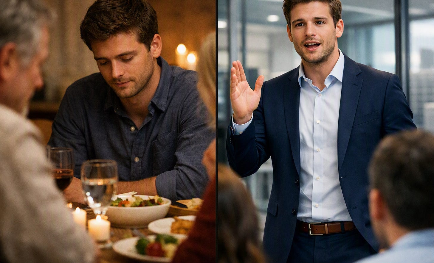 Split image of a young manager showing deference at a family dinner on one side and speaking up in a boardroom on the other, representing two conflicting authority codes.