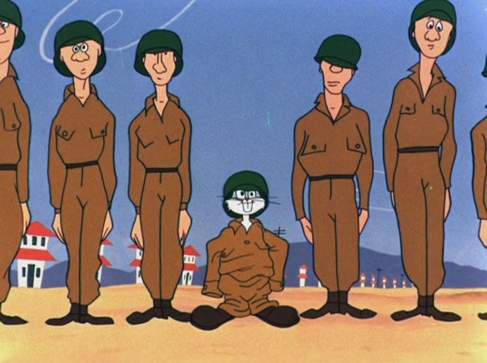 In a line of schlubby-looking Army recruits, Bugs Bunny stands at 'attention' wearing a uniform that's far too large for him, with enormous shoes for his big rabbit feet. In a line of schlubby-looking Army recruits, Bugs Bunny stands at 'attention' wearing a uniform that's far too large for him, with enormous shoes for his big rabbit feet.