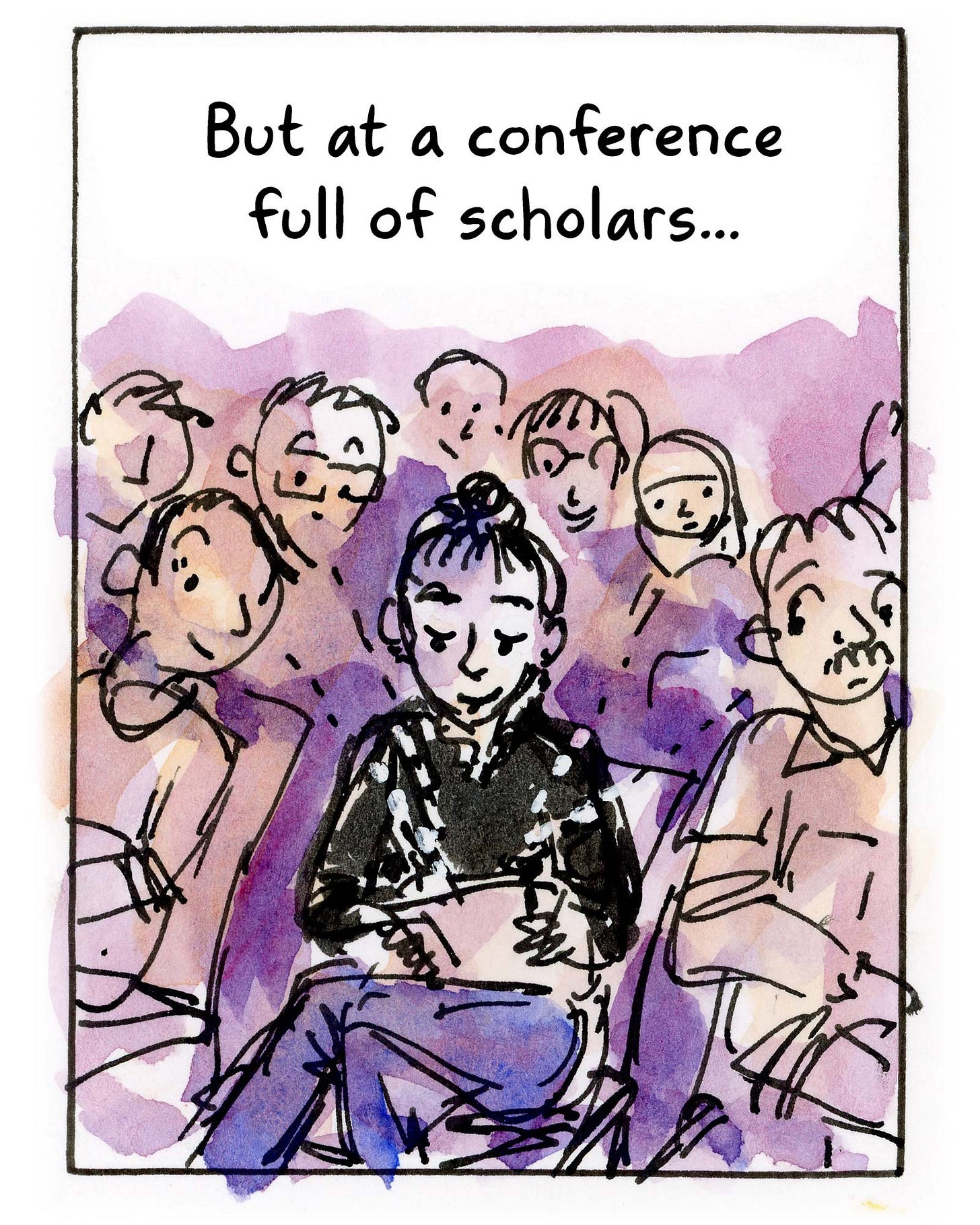 Watercolor comic about visual notetaking by graphic novelist K. Woodman-Maynard. Text from the comic reads, “But at a conference full of scholars…”