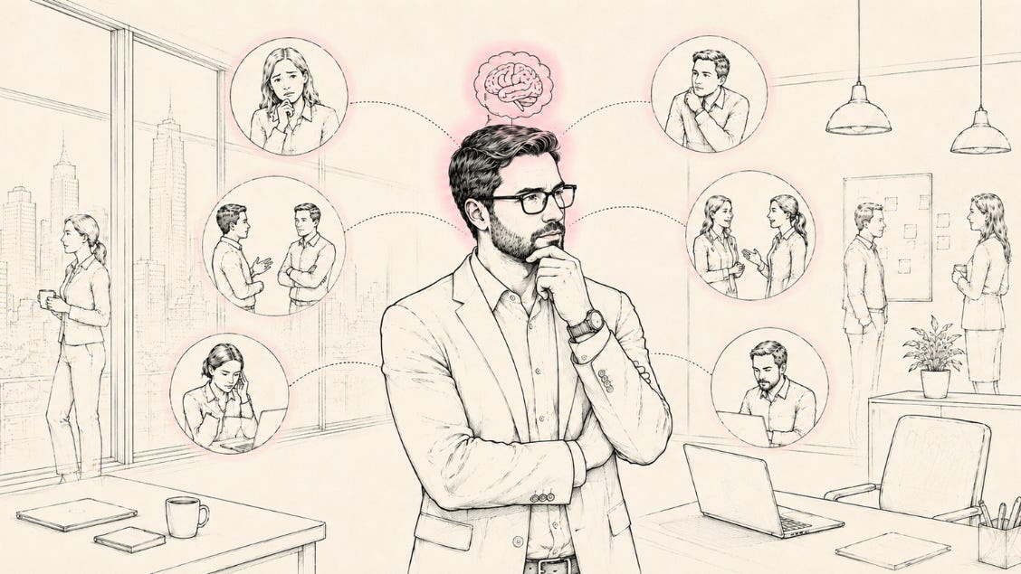 Wide line-and-wash illustration of a thoughtful male leader standing in an office, instinctively observing subtle interactions among colleagues. Soft dotted connections and a muted pink glow around the central figure suggest unconscious pattern recognition and intuitive decision-making, while coworkers converse, work, and reflect in the background.