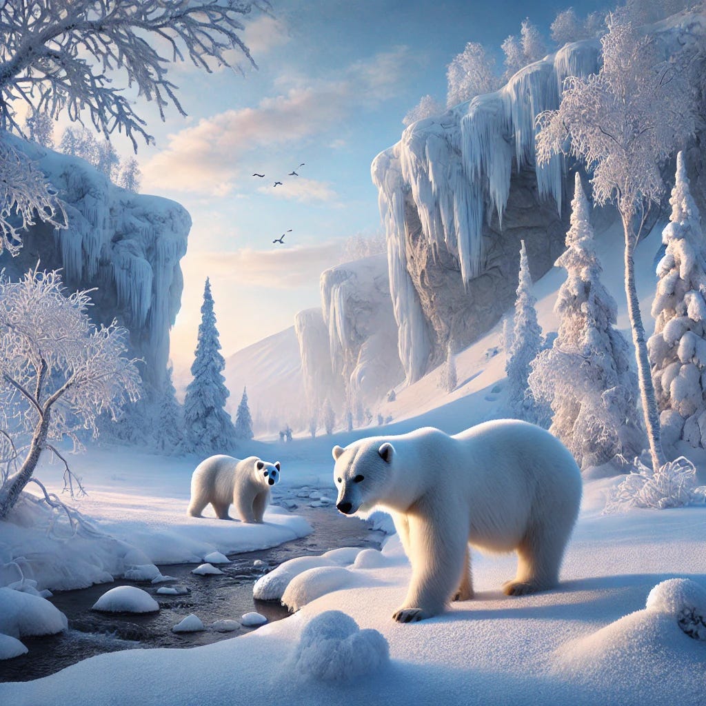 A serene and remote snowy landscape in Russia, featuring majestic white bears roaming through the snow-covered terrain. The scene captures the vastness of the wilderness with towering ice cliffs, frosty trees, and a soft blue sky. The white bears are depicted in detail, their fur blending into the snow but standing out with realistic textures. The atmosphere feels quiet and pristine, evoking the beauty and isolation of nature in an untouched environment.