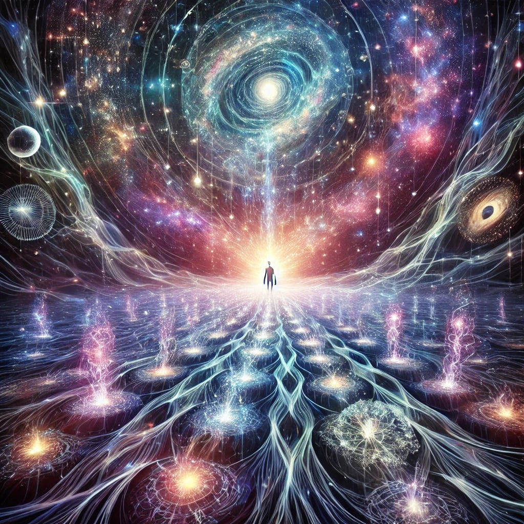 A highly detailed and conceptual illustration of the "Magnetic Field of Consciousness" uniting mind, matter, and cosmic structure. Show an abstract cosmic landscape where magnetic waves and dark energy fields connect stars, particles, and human consciousness in a harmonious web of light and energy. The dark energy field is depicted as a vast, glowing matrix transmitting magnetic frequencies through space, linking galaxies, planets, and human silhouettes representing consciousness. Ethereal magnetic waves flow through space-time, forming an interconnected cosmic tapestry that represents universal awareness. The colors should be cosmic and luminous, with glowing blues, purples, and soft whites, to emphasize an expansive, resonant, and unified field of magnetic intelligence. A highly detailed and conceptual illustration of the "Magnetic Field of Consciousness" uniting mind, matter, and cosmic structure. Show an abstract cosmic landscape where magnetic waves and dark energy fields connect stars, particles, and human consciousness in a harmonious web of light and energy. The dark energy field is depicted as a vast, glowing matrix transmitting magnetic frequencies through space, linking galaxies, planets, and human silhouettes representing consciousness. Ethereal magnetic waves flow through space-time, forming an interconnected cosmic tapestry that represents universal awareness. The colors should be cosmic and luminous, with glowing blues, purples, and soft whites, to emphasize an expansive, resonant, and unified field of magnetic intelligence.