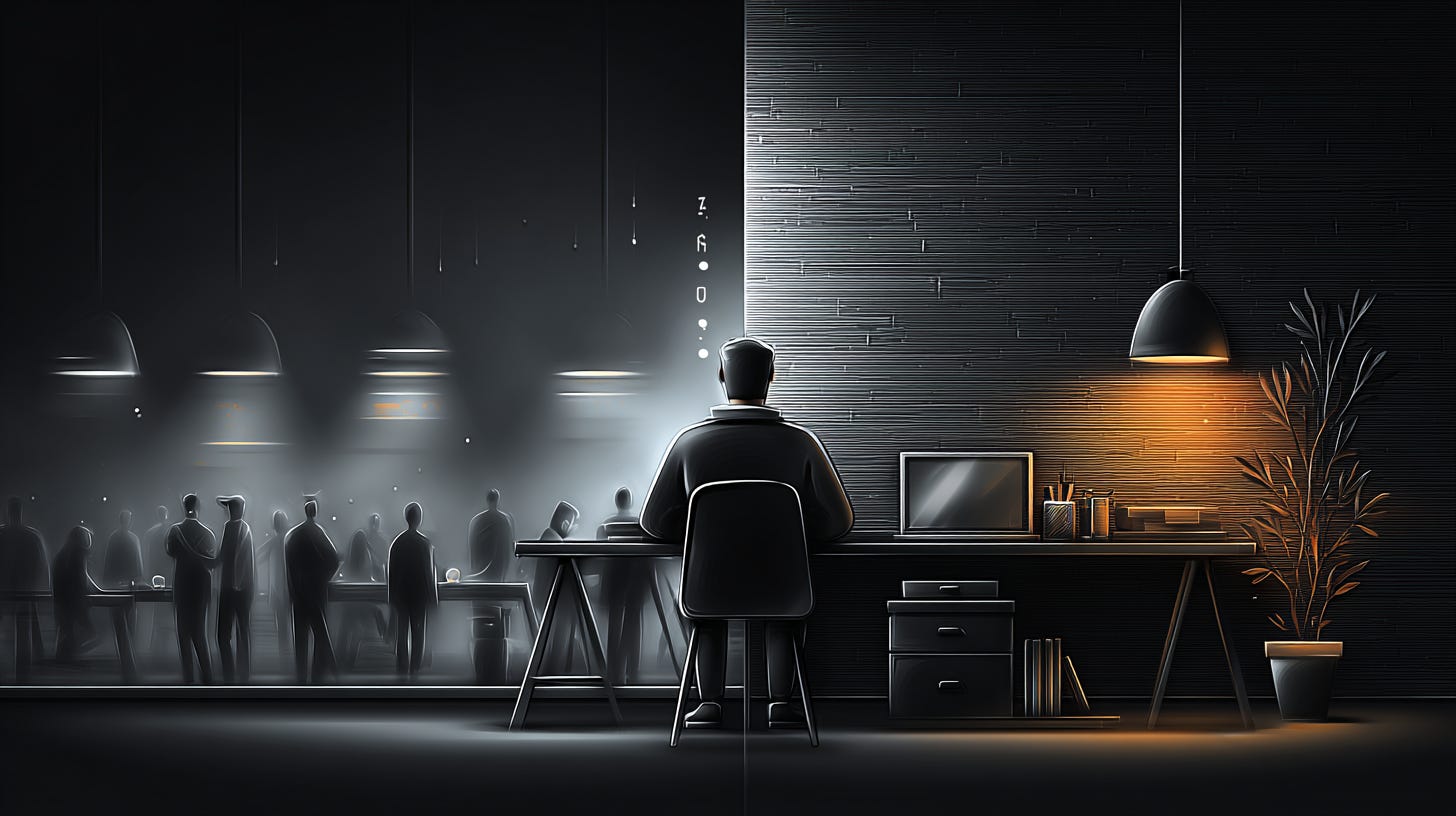A minimalist split-screen composition showing a cluttered, noisy open office on one side with fluorescent lighting and people in motion, contrasting with a calm, organized home workspace on the other side featuring a single person at a clean desk with natural lighting, soft focus background, modern digital art style, muted color palette with subtle blue and warm amber tones, cinematic lighting, professional photography aesthetic